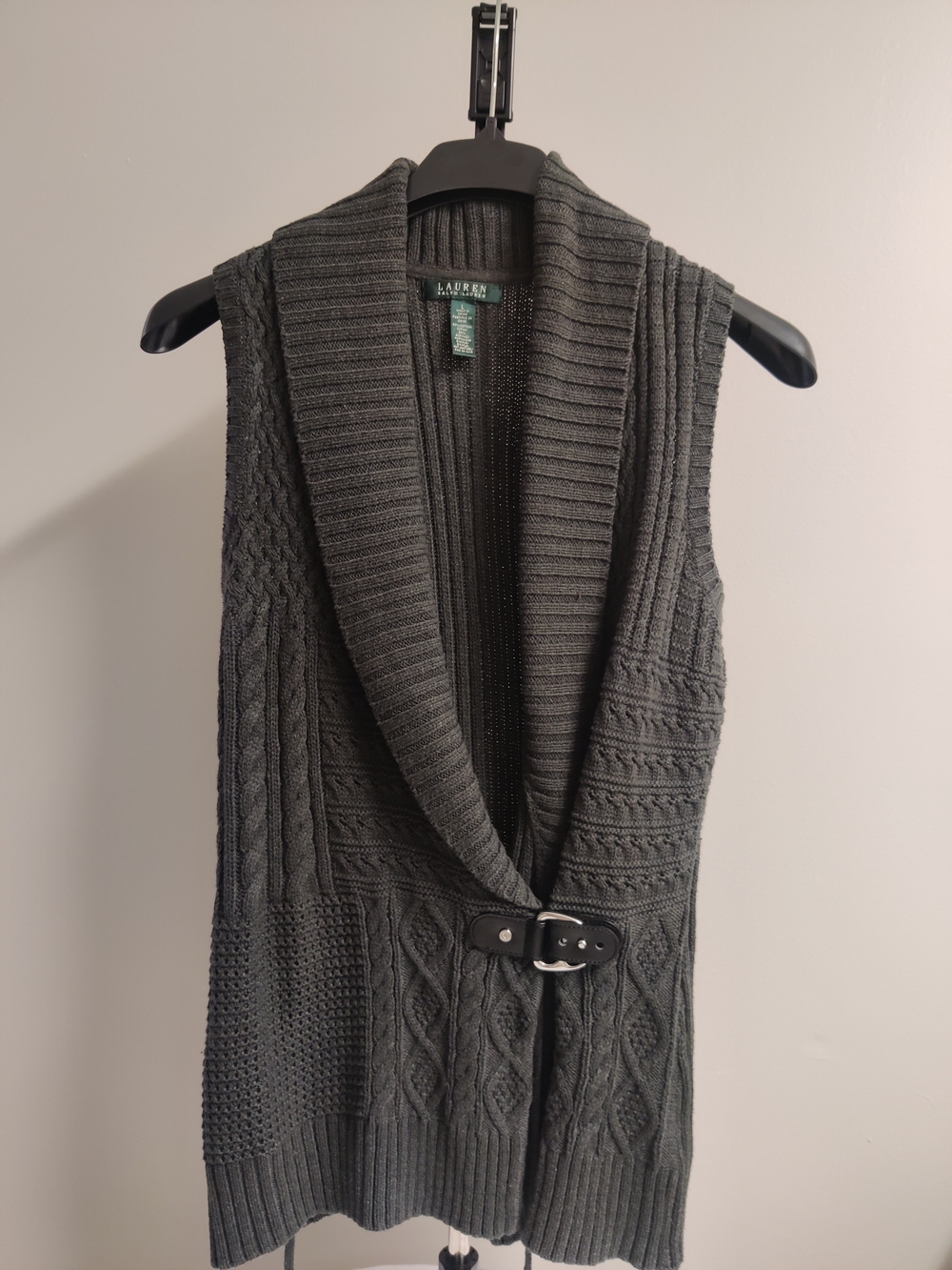 Ralph Lauren Charcoal Cable-Knit Sleeveless Cardigan with Shawl Collar